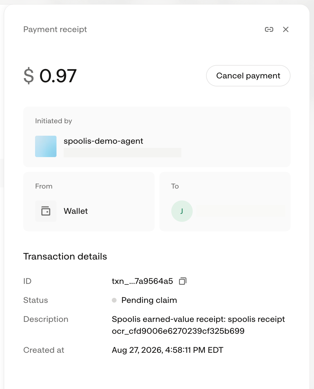 The actual Natural payment detail: a $0.97 payment initiated by spoolis-demo-agent whose description references the Spoolis earned-value receipt